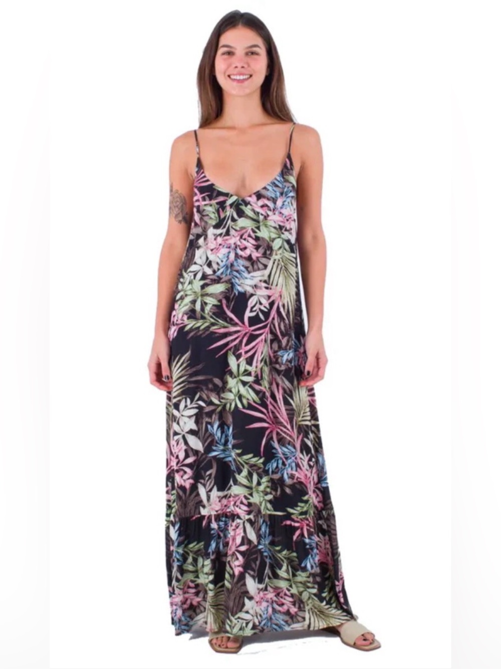Black Tropical Print Maxi Skirt - Multicolor Leaf Pattern